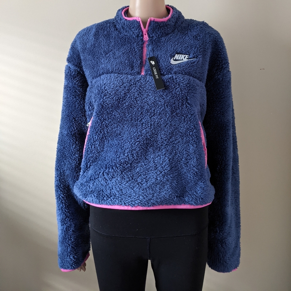 Nike fleece plush Teddy blue 1/4 zip sweater, women's large